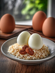 Hard-boiled eggs sit atop rice with roasted almonds displayed in a soft natural light with brown wooden accents.
