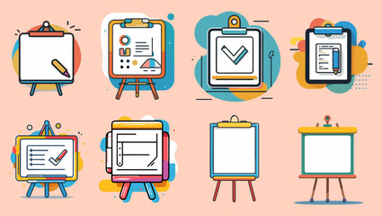 Sets icon collection of different illustrations of clipboards and easels with various designs, including checklists, charts, and blank pages, all set against a colorful background.