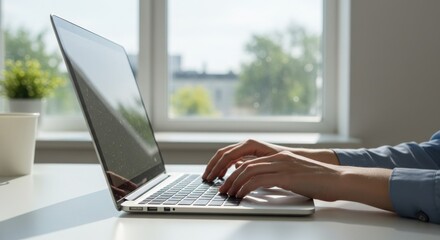 Modern Office Workspace with Silver Laptop and Natural Light