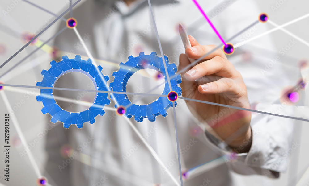 Poster gear system data. Connecting lines and dots.Big data visualization  - 3d
