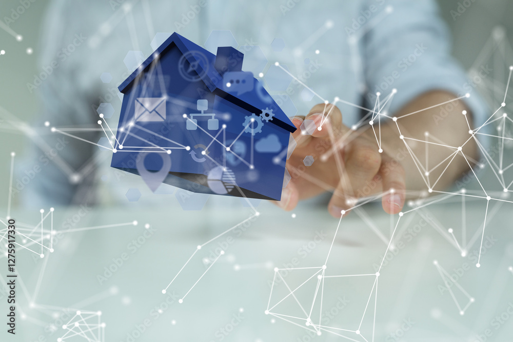 Poster home iot - neural network 3d illustration. big data and cybersecurity