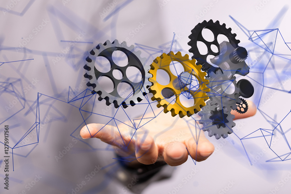 Poster gear system data. Connecting lines and dots.Big data visualization  - neural network exposure digital