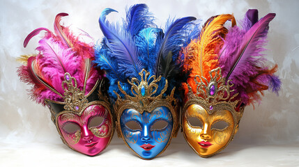 Naklejka premium Carnival masks set isolated on white background. Vector cartoon illustration of masquerade costume elements for face decorated with colorful feather, Venice festival show, Italian traditional art