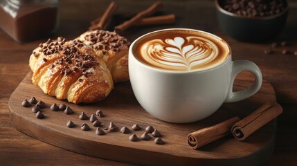 Coffee latte art, croissants, cinnamon, chocolate chips, wood board