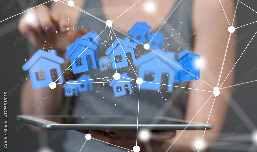 Poster home iot - Neural network 3D illustration. Big data and cybersecurity