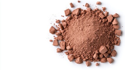A fine pile of rich chocolate powder neatly positioned on a pristine white surface with natural culinary elements