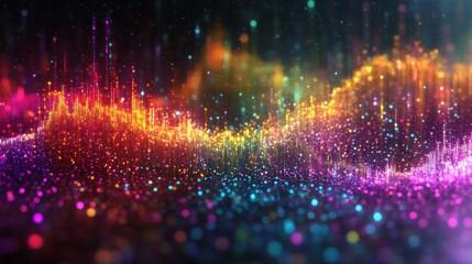 Obraz premium Colorful particle wave, digital art, dark background, data visualization