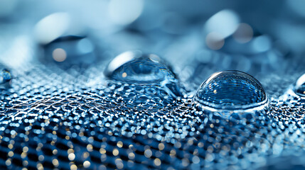 close-up of a multi-layered filtration membrane, capturing microscopic impurities in water treatment, with water droplets glistening as they undergo purification
