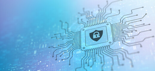 Cyber Security Protecting Data and Systems Illustrated on a Processor.