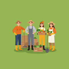 Group of Happy Farmers with Harvested Vegetables and Farm Tools