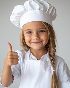 Enfant en tenue de chef avec un tablier blanc, pouce lev&eacute;
