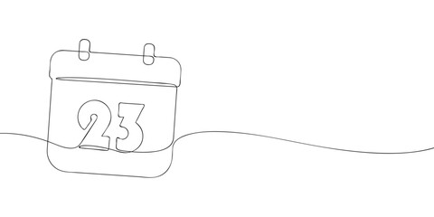 Simple one-line drawing of a desk calendar displaying twenty third day of the month. The minimalistic design represents new beginnings, celebrations, and planning. Vector illustration.