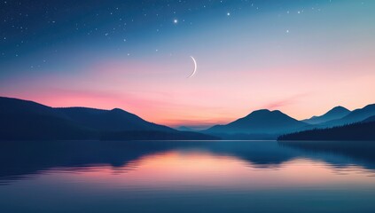 Obraz premium Serene night scene with crescent moon, stars, mountain silhouettes, and calm lake, copy space for Islamic Ramadan Eid banner or poster
