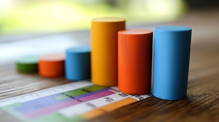 Colorful wooden blocks chart, growth, office, blurred background, business report