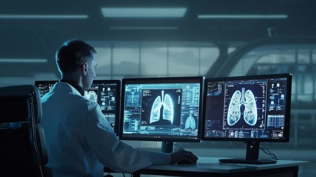 Doctor working at futuristic office, multiple monitors displaying medical images, data and body scans.