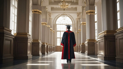 Naklejka premium A man, univesity graduate wearing graduation cap and gown is walking to graduation ceremony to receive diploma. University dean