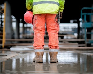 The dedicated construction worker, adorned in vibrant orange trousers and sturdy brown boots, stands resilient amidst the demanding environment Gripping his helmet, he exudes professionalism and