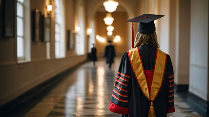 A girl, univesity graduate wearing graduation cap and gown is walking to graduation ceremony to receive university diploma