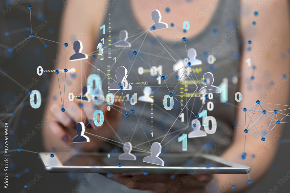 Aufkleber Global network. Blockchain. 3D illustration. Neural networks and artificial intelligence. Abstract  3d