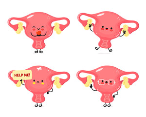 Cute cartoon Uterus characters with different emotions and expressions