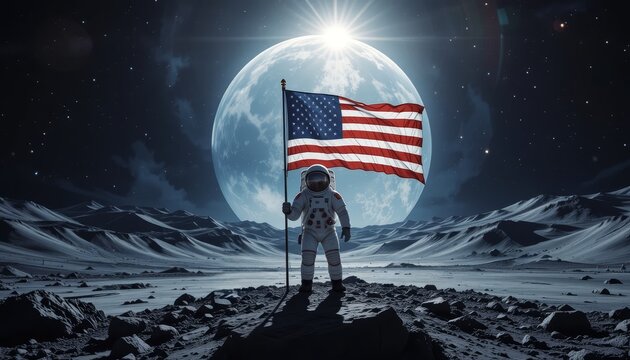 Astronaut holding the American flag under a glowing moon