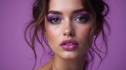 Fototapeta premium Beautiful young brunette woman with bright purple makeup on purple background, beauty and style concept