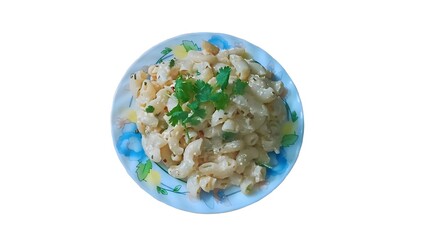 delicious plate of elbow macaroni pasta coated in a rich and creamy white sauce, garnished with fresh coriander
