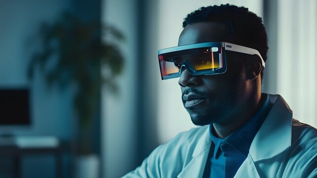 Visionary Scientist in Augmented Reality: An african scientist wearing futuristic augmented reality glasses in a laboratory, capturing the fusion of innovation and technology. 