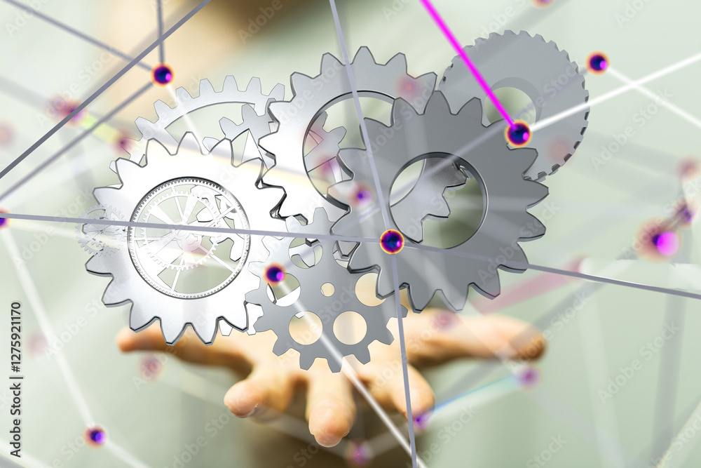 Poster gear system data. Connecting lines and dots.Big data visualization  - 3d