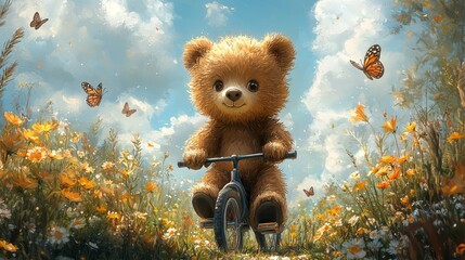 A cute illustration of a baby bear learning to ride a bike in a sunny meadow, with butterflies flying around and flowers blooming, perfect for a story about new experiences