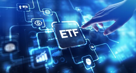 ETF Exchange-Traded Fund Investment Strategy, projection on a virtual screen, Business and Technology Concept.