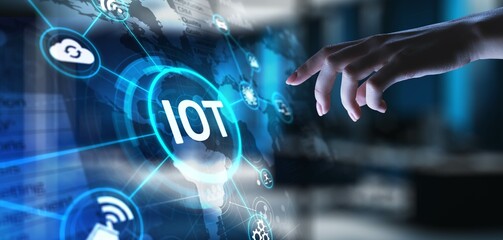IoT Internet of Things Connecting Devices and Enabling Smart Solutions, projection on a virtual screen, Business and Technology Concept.