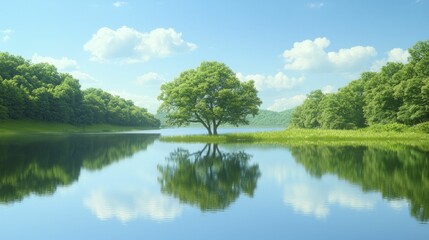 Fototapeta premium Tranquil lakeside wellness strolls with mirrored trees on calm water, soft ripples fostering a peaceful ambiance ideal for reflection.
