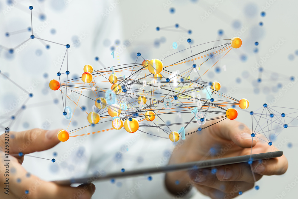 Aufkleber Global network. Blockchain. 3D illustration. Neural networks and artificial intelligence. Abstract  3d