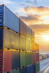 Cargo containers in a bustling port, rich textures and colors highlighted by golden sunset, showcasing the beauty of logistics and transportation.