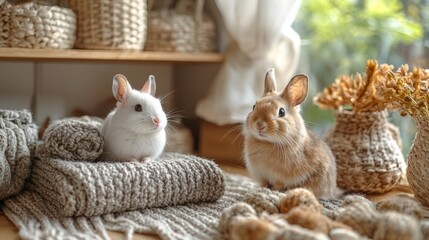 A display with small pet products such as hamster cages, rabbit supplies, and small pet toys, with a gentle, inviting background in light brown, beige, and soft pastel colors for a cozy