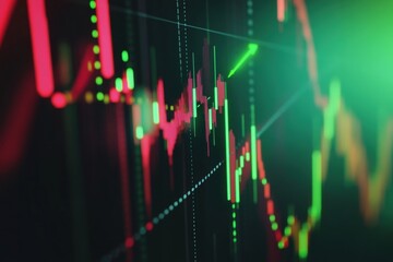 Abstract financial background. High tech dynamic backdrop. Stock market data on digital screen. Green light. Immersive futuristic theme for media web design projects. Trading charts, bar, arrow, graph