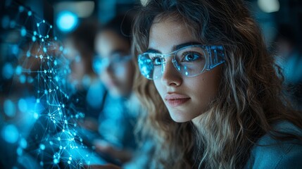 A diverse group of students working together on a digital device, collaborating via an online platform to solve a problem, symbolizing teamwork in modern education