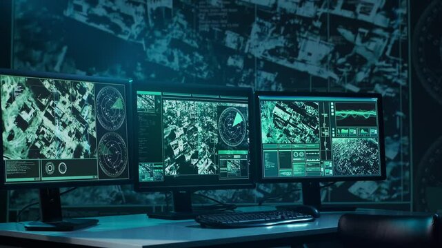 Military soldier operating advanced technology in a command center.