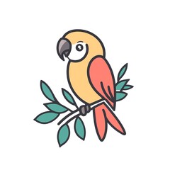 Adorable parrot perched on a leafy branch, minimalist line art style.