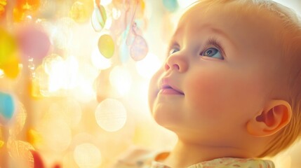 Fototapeta premium Curious Baby Gazing at Colorful Hanging Decorations with Wonder