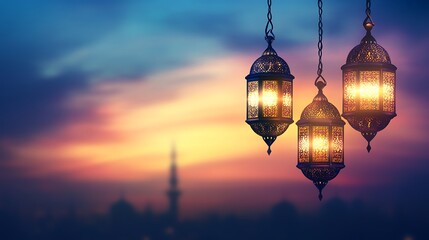 Obraz premium Ramadan lanterns hanging at sunset over mosque