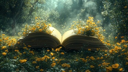 A dreamlike scene of a giant open book lying in the middle of a meadow, with flowers and trees growing from the pages, representing the power of stories and natures connection