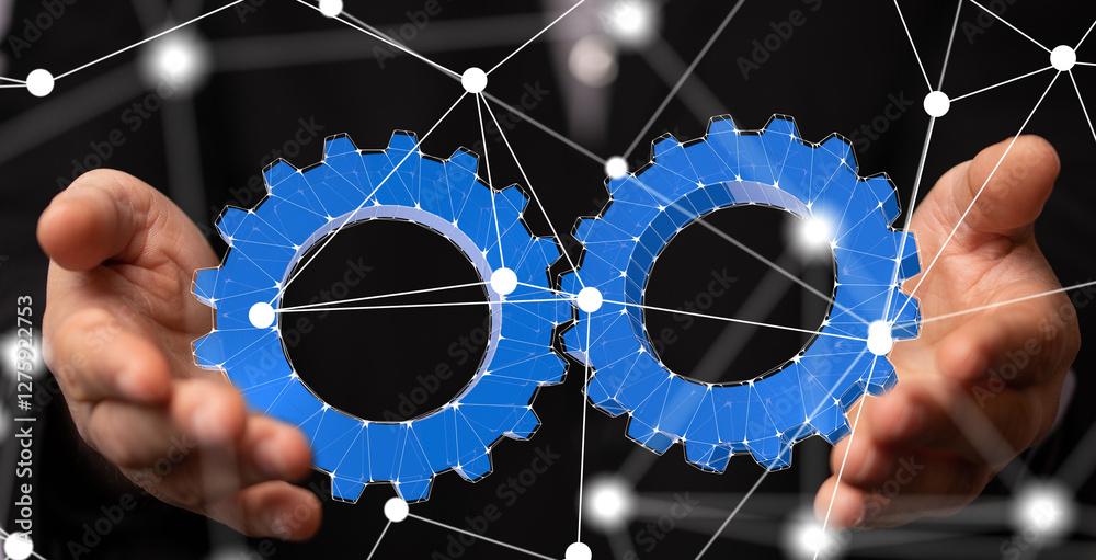 Poster gear system data. Connecting lines and dots.Big data visualization