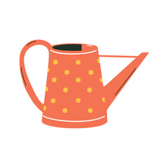 Red watering can or pot with dots. Vector illustration. Isolated on white background. Cartoon gardening tool or agricultural equipment.