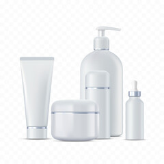 Mockups beauty product packaging and bottles. Face and body cream, soap, serum. Templates isolated on transparent background. Vector illustration