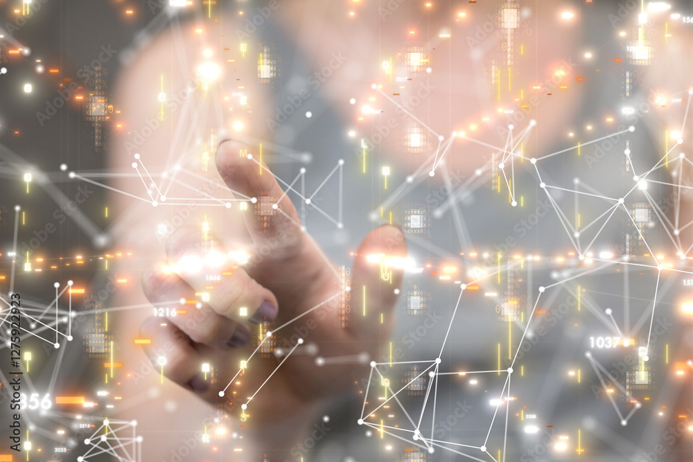Poster Neural network 3D illustration. Big data and cybersecurity