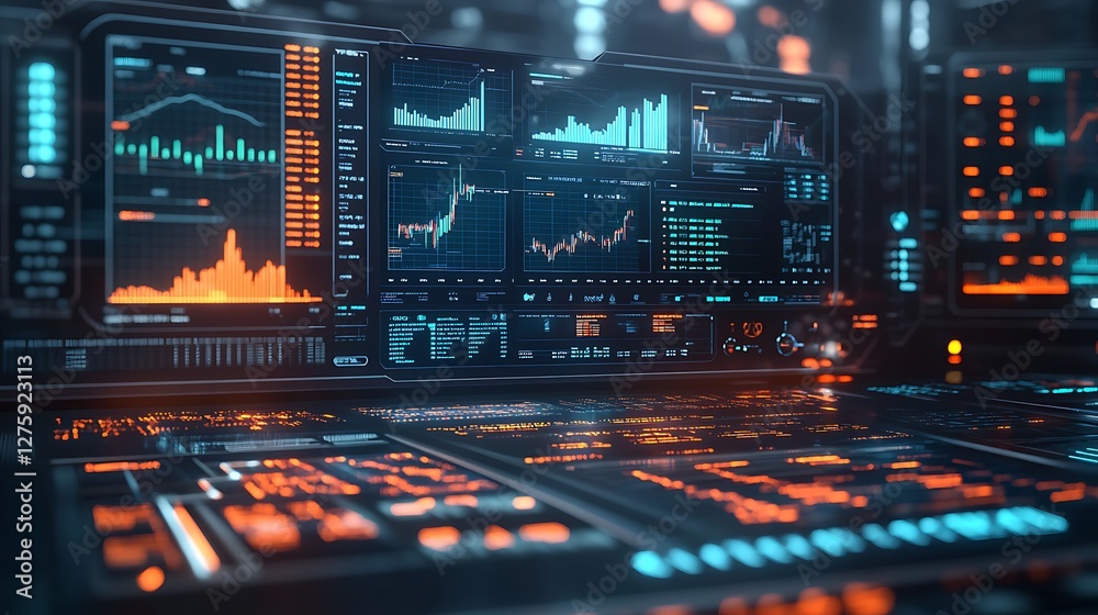Poster Futuristic digital dashboard displaying financial data and analytics in a modern design.