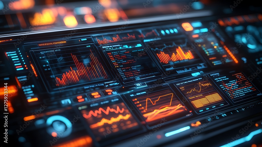 Poster Futuristic digital dashboard showcasing financial data and analytics in a visually appealing design.