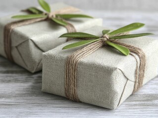 Creative gift wrapping ideas using custom prints and eco-friendly materials, showcasing textures like burlap, twine, and handmade tags.